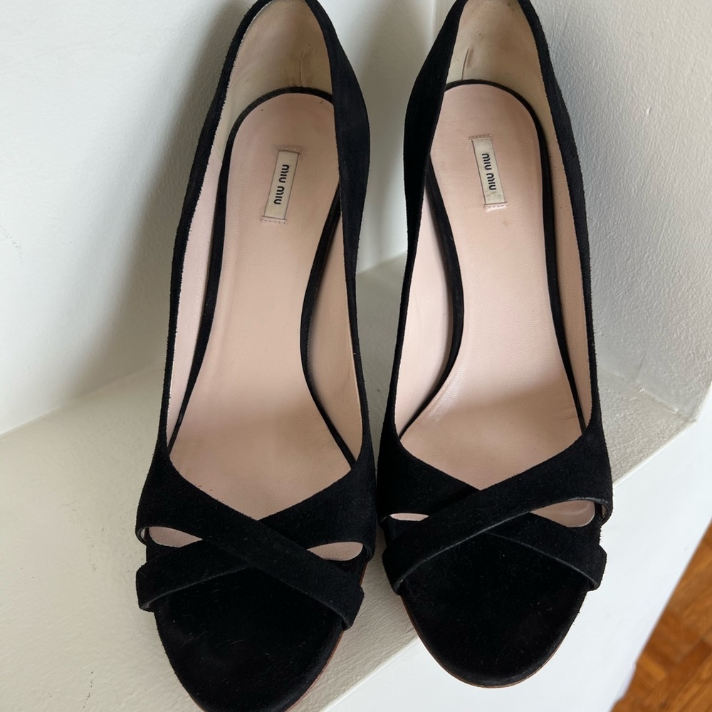 Miu Miu black suede open-toe heels. Size 8